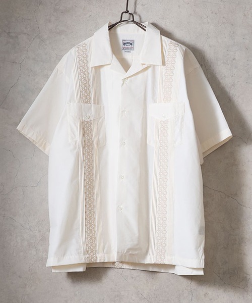 HOUSTON（ヒューストン）の「HOUSTON ヒューストン BOTANICAL EMB CUBA SHIRT ボタニカル 刺繍 キューバシャツ 半袖 オープンカラー 開襟シャツ（シャツ/ブラウス・メンズ・ブラック/ブルー/オフホワイト・XL/L/M）」の4枚目の写真