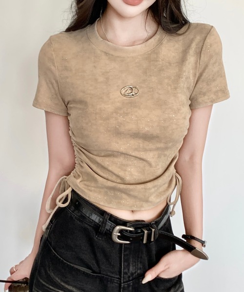 Sibra(シブラ)の「きらきら 綿95%ラメサイドギャザー半袖トップス(Tシャツ/カットソー・レディース・ホワイト/ベージュ/ブラック・M)」の3枚目の写真