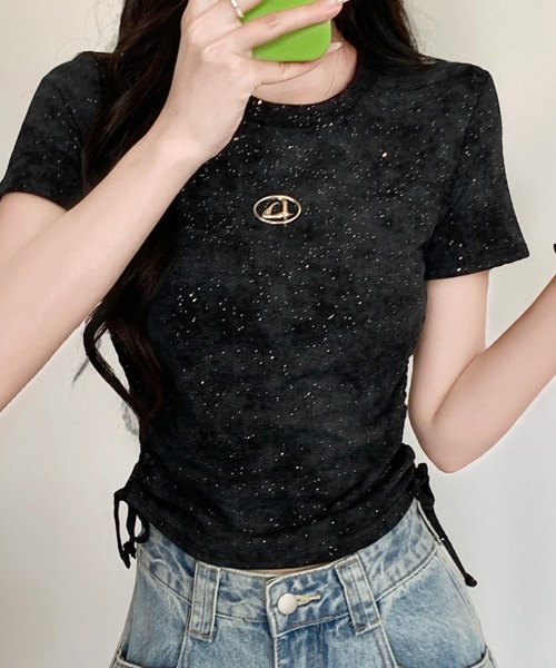 Sibra(シブラ)の「きらきら 綿95%ラメサイドギャザー半袖トップス(Tシャツ/カットソー・レディース・ホワイト/ベージュ/ブラック・M)」の6枚目の写真