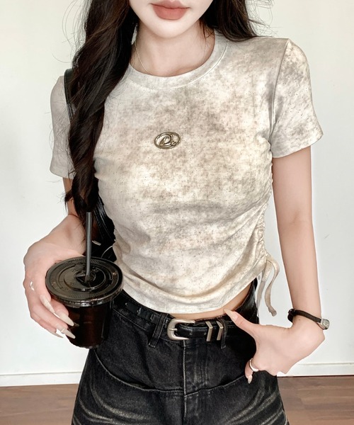 Sibra(シブラ)の「きらきら 綿95%ラメサイドギャザー半袖トップス(Tシャツ/カットソー・レディース・ホワイト/ベージュ/ブラック・M)」の14枚目の写真