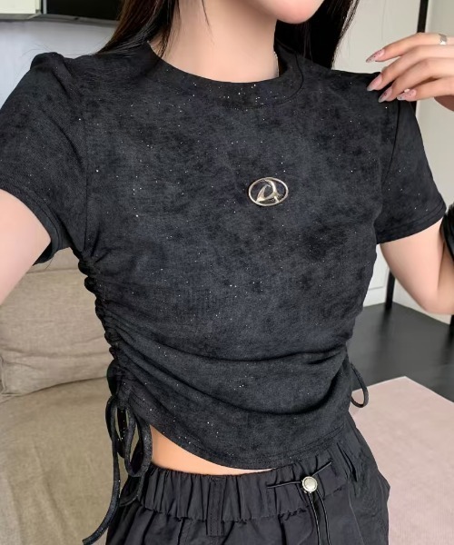 Sibra(シブラ)の「きらきら 綿95%ラメサイドギャザー半袖トップス(Tシャツ/カットソー・レディース・ホワイト/ベージュ/ブラック・M)」の7枚目の写真