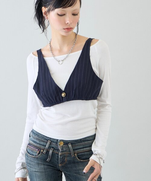 Six M(シックスエム)の「【SixM 】 Stripe Bustier(シャツ/ブラウス・レディース・ネイビー/グレー・FREE)」の1枚目の写真