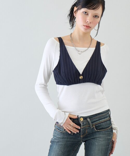 Six M(シックスエム)の「【SixM 】 Stripe Bustier(シャツ/ブラウス・レディース・ネイビー/グレー・FREE)」の9枚目の写真