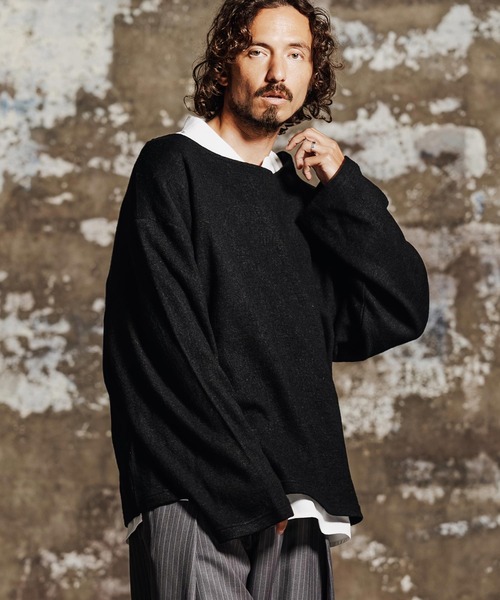 Jih Nunc（ジーヌンク）の「mlt5763- ウール混起毛ボートネックカットソー(JIH-R1198)（Tシャツ/カットソー・メンズ・グレー/ブラック/ブラウン/パープル・L/M/S）」の14枚目の写真