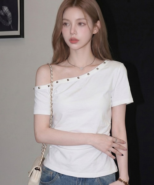gossip!ロサンゼルス(ゴシップロサンゼルス)の「【Y2Kガーリー】 アンバランスショルダーTシャツ(Tシャツ/カットソー・レディース・ブラック/ホワイト・M)」の10枚目の写真