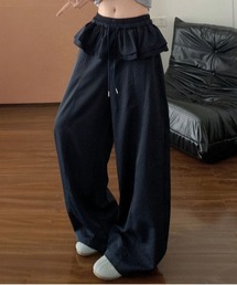 ウエストフリルレイヤードドット柄カーブワイドパンツ