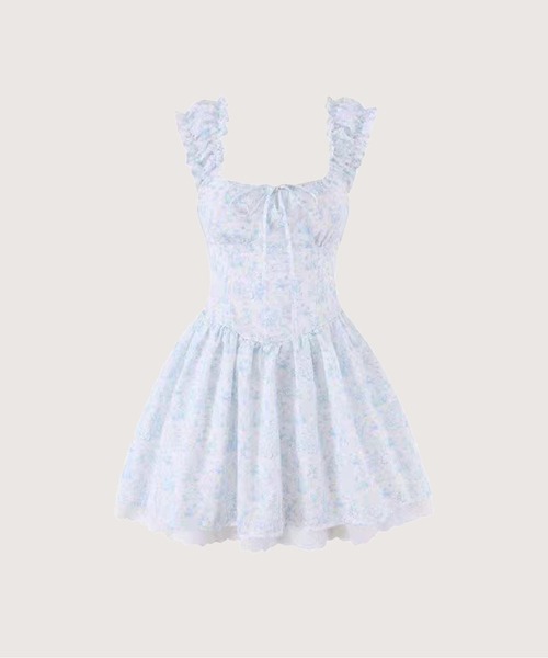 LA POMME petit(ラポミ・プチ)の「Fleur Lace Square Neck Mini Dress/フルールレーススクエアネックミニドレス(ワンピース・レディース・ブルー・FREE)」の1枚目の写真