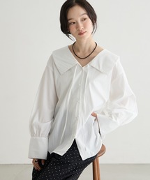 【forksy.】＜エブリデイシリーズ＞ビッグカラー ギャザースリーブ リボンブラウス / 無地・ストライプ
