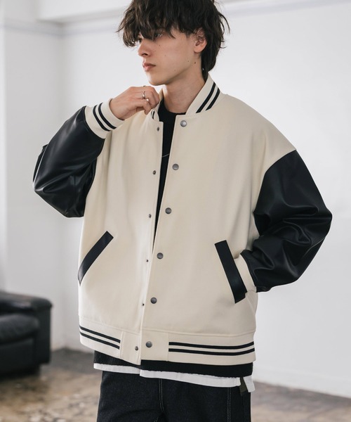 Rocky Monroe(ロッキーモンロー)の「オーバーサイズテックメルトン/PUレザー切替スタジャン(スタジャン・メンズ・ネイビー系/ブラック×ホワイト/ブラック×ブラック/ブラウン/ブラック/ネイビー/ホワイト×ブラック・M/L/XL)」の2枚目の写真