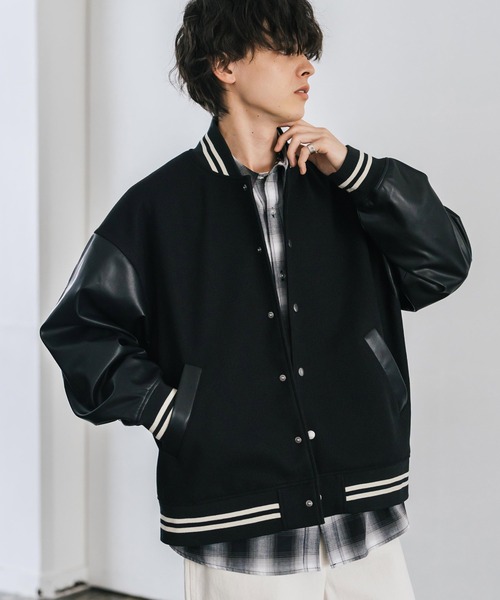 Rocky Monroe(ロッキーモンロー)の「オーバーサイズテックメルトン/PUレザー切替スタジャン(スタジャン・メンズ・ネイビー系/ブラック×ホワイト/ブラック×ブラック/ブラウン/ブラック/ネイビー/ホワイト×ブラック・M/L/XL)」の4枚目の写真