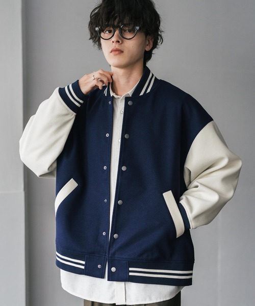 Rocky Monroe(ロッキーモンロー)の「オーバーサイズテックメルトン/PUレザー切替スタジャン(スタジャン・メンズ・ネイビー系/ブラック×ホワイト/ブラック×ブラック/ブラウン/ブラック/ネイビー/ホワイト×ブラック・M/L/XL)」の6枚目の写真