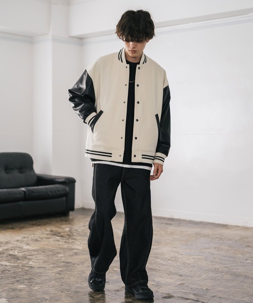 Rocky Monroe(ロッキーモンロー)の「オーバーサイズテックメルトン/PUレザー切替スタジャン(スタジャン・メンズ・ネイビー系/ブラック×ホワイト/ブラック×ブラック/ブラウン/ブラック/ネイビー/ホワイト×ブラック・M/L/XL)」の11枚目の写真