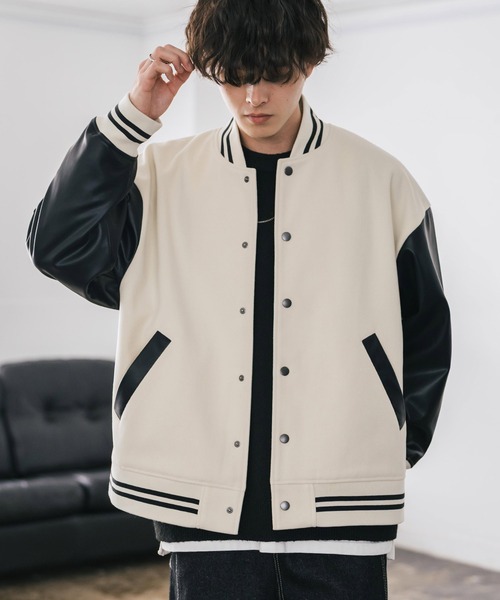 Rocky Monroe(ロッキーモンロー)の「オーバーサイズテックメルトン/PUレザー切替スタジャン(スタジャン・メンズ・ネイビー系/ブラック×ホワイト/ブラック×ブラック/ブラウン/ブラック/ネイビー/ホワイト×ブラック・M/L/XL)」の8枚目の写真