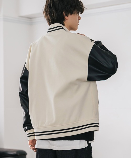 Rocky Monroe(ロッキーモンロー)の「オーバーサイズテックメルトン/PUレザー切替スタジャン(スタジャン・メンズ・ネイビー系/ブラック×ホワイト/ブラック×ブラック/ブラウン/ブラック/ネイビー/ホワイト×ブラック・M/L/XL)」の9枚目の写真