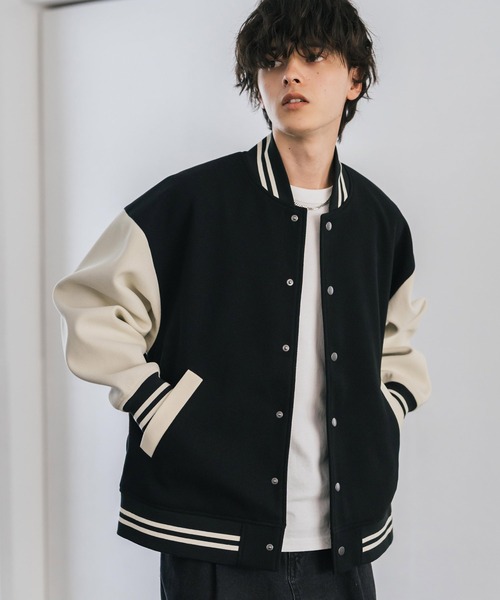 Rocky Monroe(ロッキーモンロー)の「オーバーサイズテックメルトン/PUレザー切替スタジャン(スタジャン・メンズ・ネイビー系/ブラック×ホワイト/ブラック×ブラック/ブラウン/ブラック/ネイビー/ホワイト×ブラック・M/L/XL)」の13枚目の写真