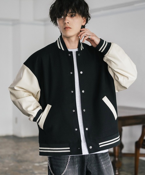 Rocky Monroe(ロッキーモンロー)の「オーバーサイズテックメルトン/PUレザー切替スタジャン(スタジャン・メンズ・ネイビー系/ブラック×ホワイト/ブラック×ブラック/ブラウン/ブラック/ネイビー/ホワイト×ブラック・M/L/XL)」の17枚目の写真