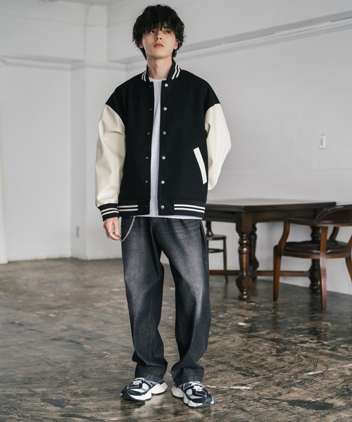 Rocky Monroe(ロッキーモンロー)の「オーバーサイズテックメルトン/PUレザー切替スタジャン(スタジャン・メンズ・ネイビー系/ブラック×ホワイト/ブラック×ブラック/ブラウン/ブラック/ネイビー/ホワイト×ブラック・M/L/XL)」の20枚目の写真