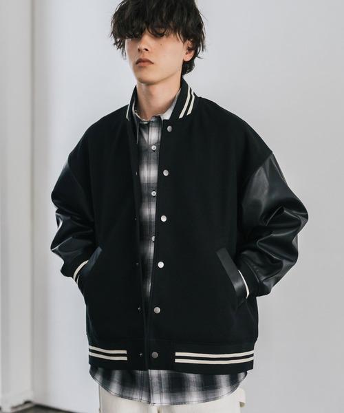 Rocky Monroe(ロッキーモンロー)の「オーバーサイズテックメルトン/PUレザー切替スタジャン(スタジャン・メンズ・ネイビー系/ブラック×ホワイト/ブラック×ブラック/ブラウン/ブラック/ネイビー/ホワイト×ブラック・M/L/XL)」の21枚目の写真