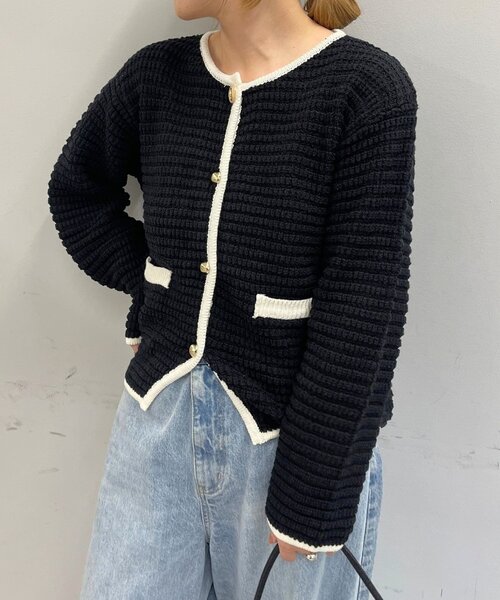 Omekashi(オメカシ)の「ツイード風ニットジャケットカーディガン(カーディガン/ボレロ・レディース・ブラック/ブラック系その他/アイボリー・FREE)」の1枚目の写真