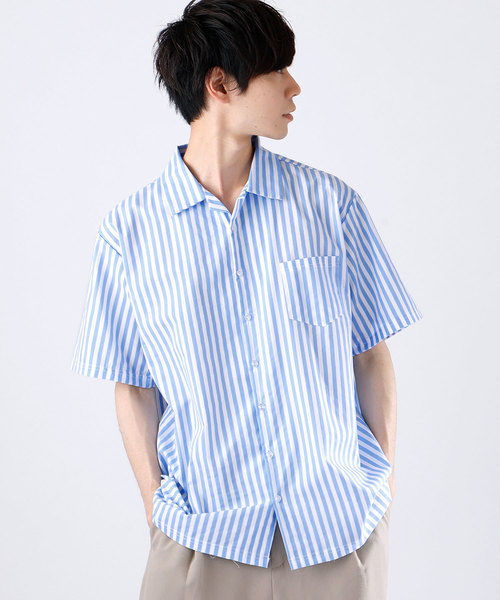 MONO-MART（モノマート）の「ストライプオーバーサイズシャツ/Stripe over size shirt(1/2 sleeve)（シャツ/ブラウス・メンズ・ピンク/ネイビー/ベージュ/サックスブルー/ブラック/マスタード・FREE）」の4枚目の写真