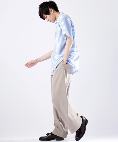MONO-MART（モノマート）の「ストライプオーバーサイズシャツ/Stripe over size shirt(1/2 sleeve)（シャツ/ブラウス・メンズ・ピンク/ネイビー/ベージュ/サックスブルー/ブラック/マスタード・FREE）」の12枚目の写真