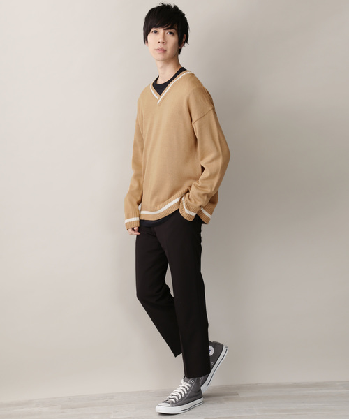 MONO-MART(モノマート)の「オーバーサイズVネックロングスリーブチルデンニットセーター(ニット/セーター・メンズ・ホワイト/ブラック/ベージュ/グリーン/ネイビー・FREE)」の19枚目の写真