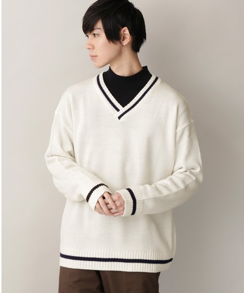 MONO-MART(モノマート)の「オーバーサイズVネックロングスリーブチルデンニットセーター(ニット/セーター・メンズ・ホワイト/ブラック/ベージュ/グリーン/ネイビー・FREE)」の2枚目の写真