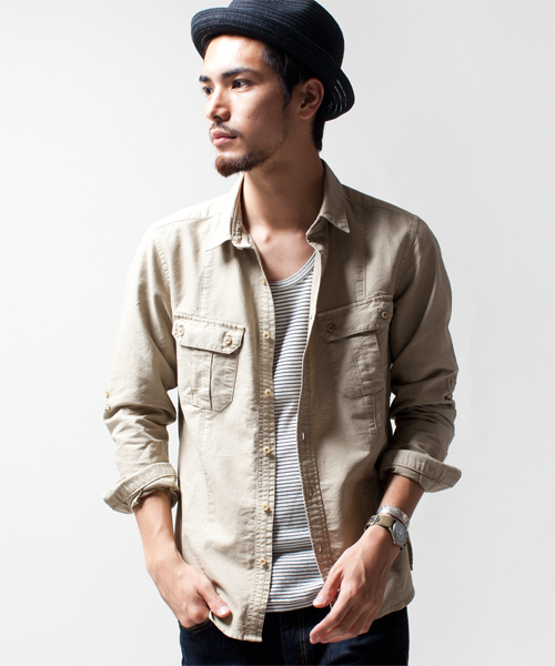 NANO universe（ナノユニバース）の「ガーメントダイOXミリタリー L/S（シャツ/ブラウス・メンズ・アイボリー/ベージュ/オリーブ/カーキ・SMALL/MEDIUM/LARGE/X-LARGE）」の2枚目の写真