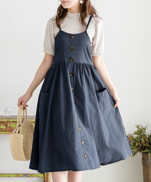 Newlyme（ニューリーミー）の「コットンポケットボタンキャミワンピース（ワンピース・レディース・ブラック/ベージュ/ネイビー/カーキ/アイボリー・MEDIUM/LARGE）」の5枚目の写真