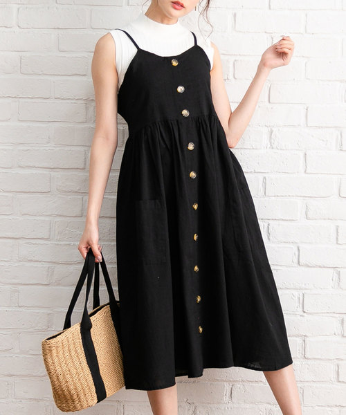 Newlyme（ニューリーミー）の「コットンポケットボタンキャミワンピース（ワンピース・レディース・ブラック/ベージュ/ネイビー/カーキ/アイボリー・MEDIUM/LARGE）」の2枚目の写真