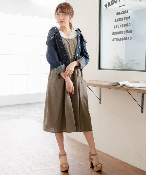 Newlyme（ニューリーミー）の「コットンポケットボタンキャミワンピース（ワンピース・レディース・ブラック/ベージュ/ネイビー/カーキ/アイボリー・MEDIUM/LARGE）」の14枚目の写真