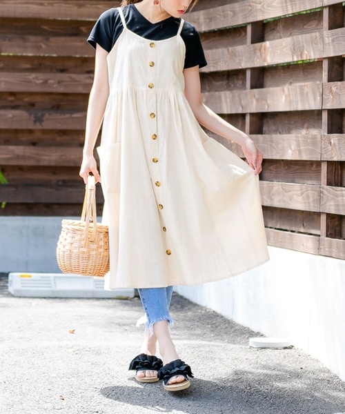 Newlyme（ニューリーミー）の「コットンポケットボタンキャミワンピース（ワンピース・レディース・ブラック/ベージュ/ネイビー/カーキ/アイボリー・MEDIUM/LARGE）」の6枚目の写真