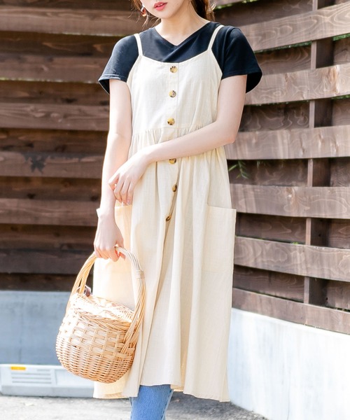 Newlyme（ニューリーミー）の「コットンポケットボタンキャミワンピース（ワンピース・レディース・ブラック/ベージュ/ネイビー/カーキ/アイボリー・MEDIUM/LARGE）」の7枚目の写真