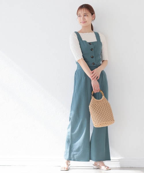 mysty woman（ミスティウーマン）の「ビスチェワイドパンツセット 949037（サロペット/オーバーオール・レディース・グリーン/モカ/ベージュ系その他/オレンジ/ブラック・FREE）」の4枚目の写真