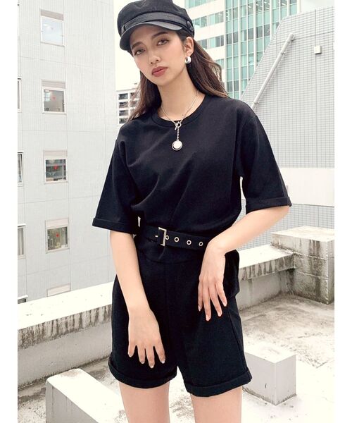 GYDA(ジェイダ)の「ベルト付キハーフスリーブカットロンパース(サロペット/オーバーオール・レディース・ブラック/ベージュ・FREE)」の5枚目の写真