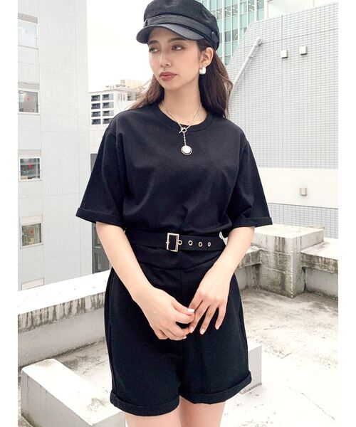 GYDA(ジェイダ)の「ベルト付キハーフスリーブカットロンパース(サロペット/オーバーオール・レディース・ブラック/ベージュ・FREE)」の6枚目の写真
