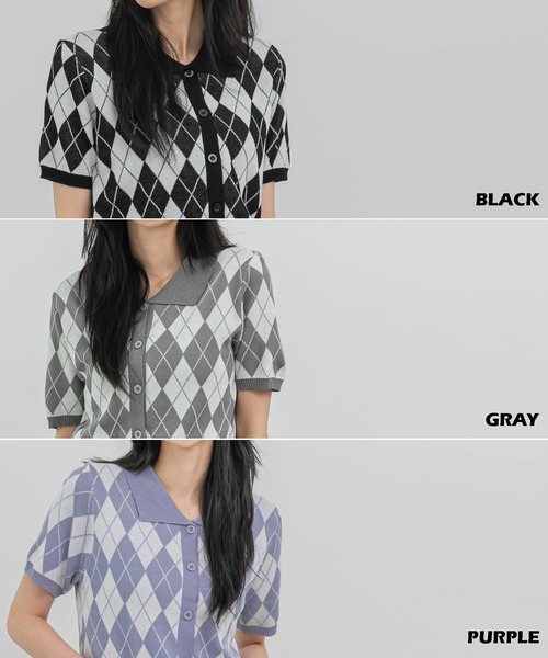 FOLLOWIN（フォロウィン）の「アーガイルチェックニット半袖カーディガン（カーディガン/ボレロ・レディース・ブラック/パープル/グレー/ベージュ/ネイビー・FREE）」の11枚目の写真