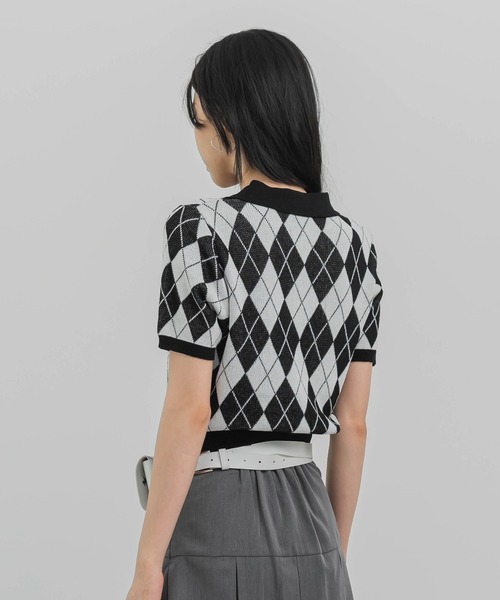 FOLLOWIN（フォロウィン）の「アーガイルチェックニット半袖カーディガン（カーディガン/ボレロ・レディース・ブラック/パープル/グレー/ベージュ/ネイビー・FREE）」の16枚目の写真