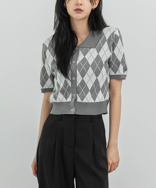 FOLLOWIN（フォロウィン）の「アーガイルチェックニット半袖カーディガン（カーディガン/ボレロ・レディース・ブラック/パープル/グレー/ベージュ/ネイビー・FREE）」の9枚目の写真