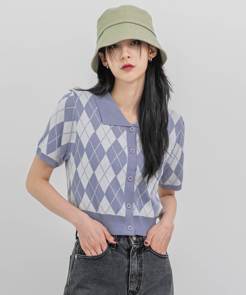 FOLLOWIN（フォロウィン）の「アーガイルチェックニット半袖カーディガン（カーディガン/ボレロ・レディース・ブラック/パープル/グレー/ベージュ/ネイビー・FREE）」の19枚目の写真