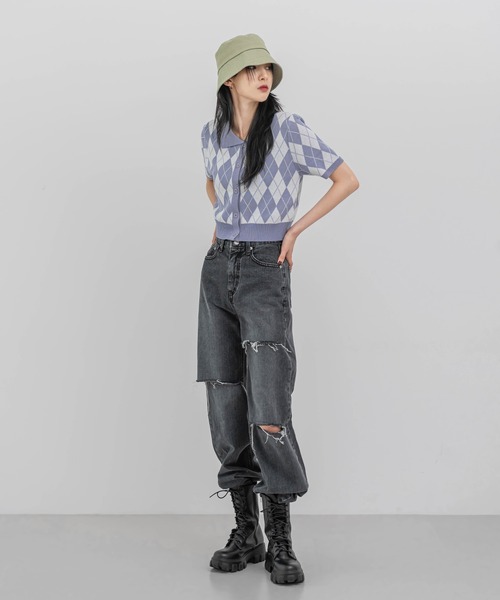 FOLLOWIN（フォロウィン）の「アーガイルチェックニット半袖カーディガン（カーディガン/ボレロ・レディース・ブラック/パープル/グレー/ベージュ/ネイビー・FREE）」の15枚目の写真