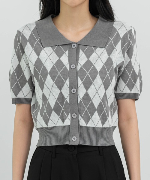 FOLLOWIN（フォロウィン）の「アーガイルチェックニット半袖カーディガン（カーディガン/ボレロ・レディース・ブラック/パープル/グレー/ベージュ/ネイビー・FREE）」の17枚目の写真