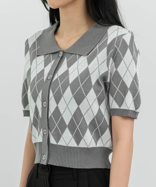 FOLLOWIN（フォロウィン）の「アーガイルチェックニット半袖カーディガン（カーディガン/ボレロ・レディース・ブラック/パープル/グレー/ベージュ/ネイビー・FREE）」の7枚目の写真