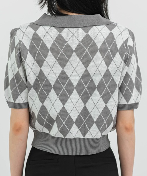 FOLLOWIN（フォロウィン）の「アーガイルチェックニット半袖カーディガン（カーディガン/ボレロ・レディース・ブラック/パープル/グレー/ベージュ/ネイビー・FREE）」の10枚目の写真
