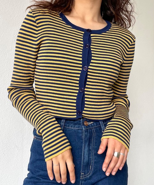 SHAGGIE（シャギー）の「マルチボーダーニットカーディガン（カーディガン/ボレロ・レディース・ブラック/グリーン/マスタード・FREE）」の3枚目の写真