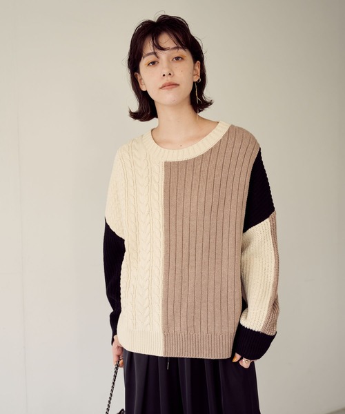 Editt by YECCA VECCA（エディットバイイェッカヴェッカ）の「カラーブロッキングMIX編みニット＊（ニット/セーター・レディース・アイボリー/ブラック・FREE）」の2枚目の写真