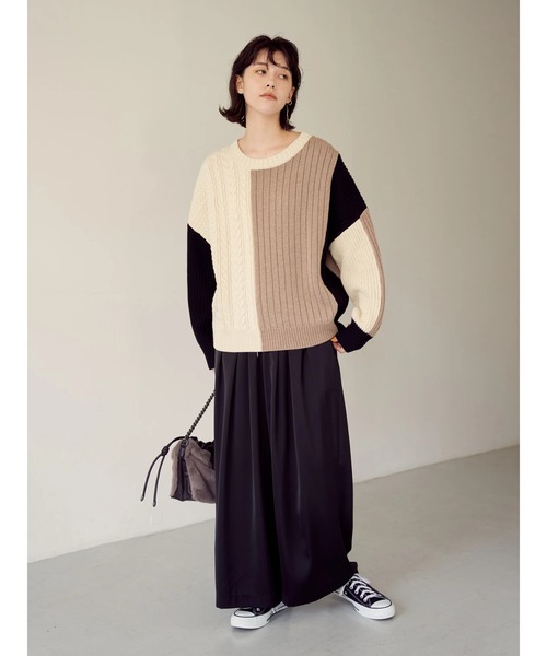 Editt by YECCA VECCA（エディットバイイェッカヴェッカ）の「カラーブロッキングMIX編みニット＊（ニット/セーター・レディース・アイボリー/ブラック・FREE）」の19枚目の写真