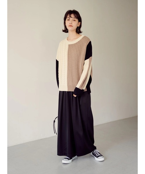 Editt by YECCA VECCA（エディットバイイェッカヴェッカ）の「カラーブロッキングMIX編みニット＊（ニット/セーター・レディース・アイボリー/ブラック・FREE）」の4枚目の写真