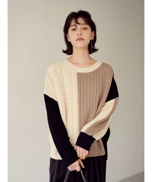 Editt by YECCA VECCA（エディットバイイェッカヴェッカ）の「カラーブロッキングMIX編みニット＊（ニット/セーター・レディース・アイボリー/ブラック・FREE）」の18枚目の写真