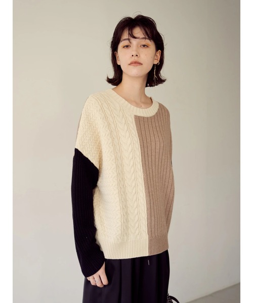 Editt by YECCA VECCA（エディットバイイェッカヴェッカ）の「カラーブロッキングMIX編みニット＊（ニット/セーター・レディース・アイボリー/ブラック・FREE）」の3枚目の写真